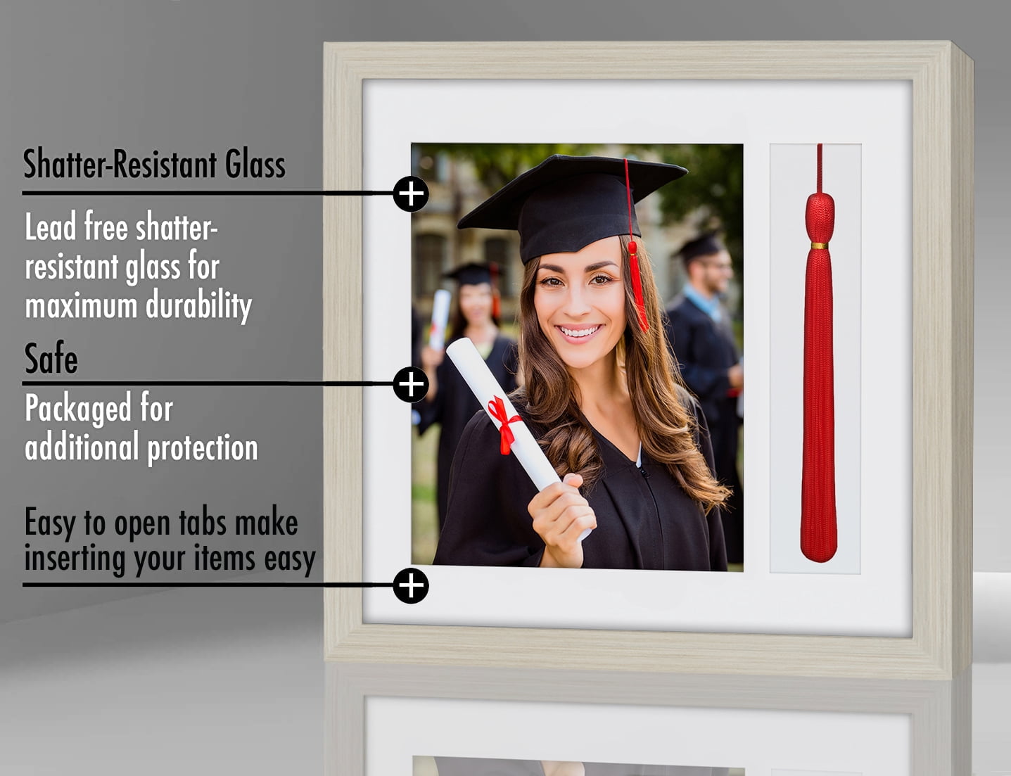 Americanflat 13x13 Light Wood Graduation Frame - 2 Opening Mat Displays 8"x10" Photo and Tassle. Square Frame with Tempered Shatter-Resistant Glass. 2X Sawtooth Hangers