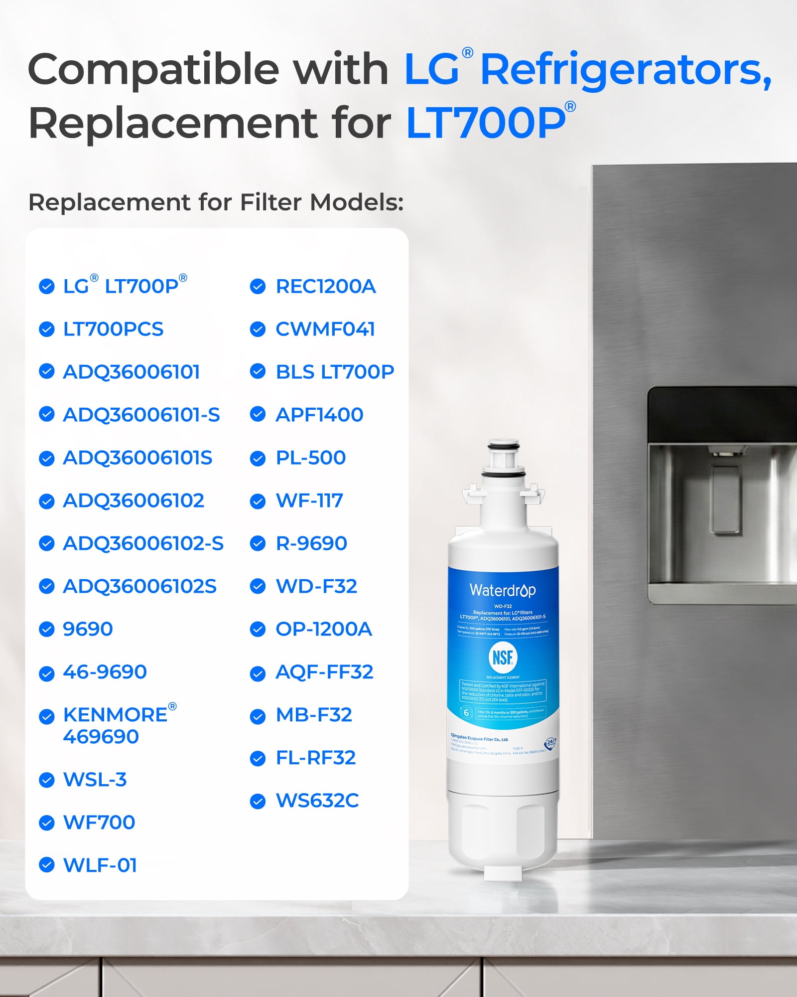 Waterdrop ADQ36006101 Replacement for LG® LT700P®, Kenmore 469690, 9690, FML-3, ADQ36006102, ADQ36006101-S Refrigerator Water Filter, 4 Filters