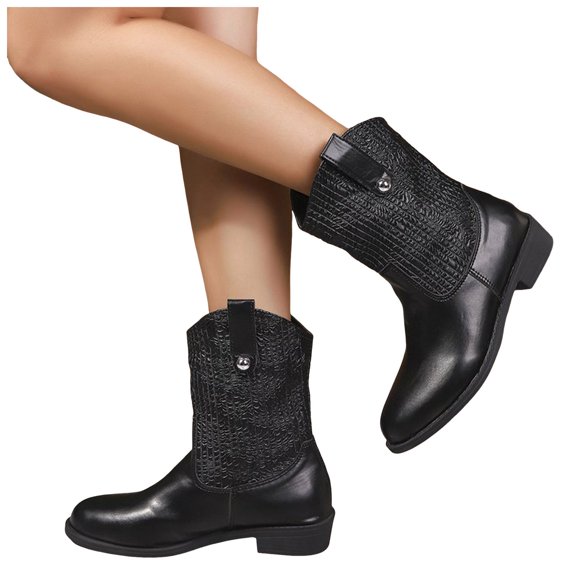 Wide Mid Calf Cowgirl Boots for Women 2025 Fashion Casual Patchwork Leather Pull on Winter Fall Short Cowboy Riding Boots Black Size 9