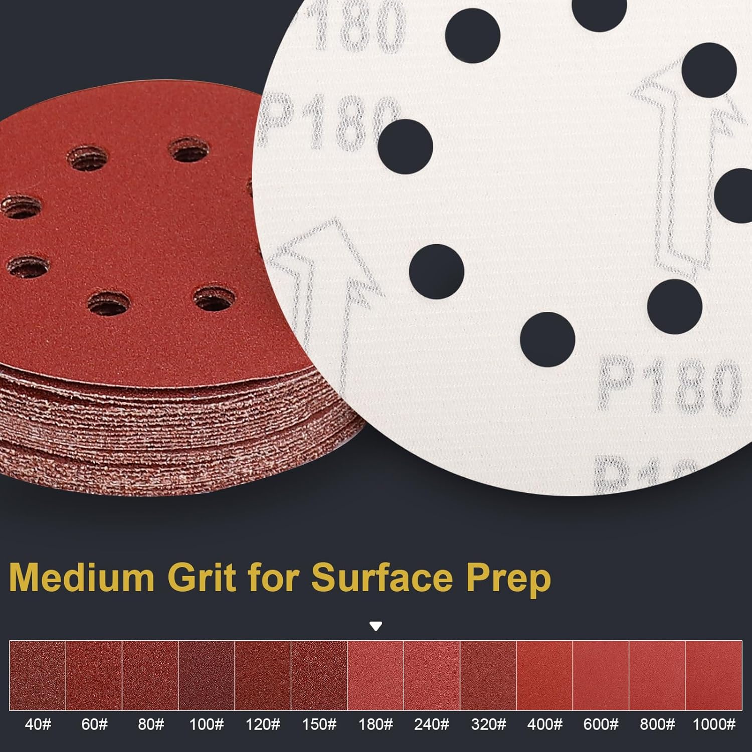 FRKSMD-100 PCS 5 Inch Sanding Discs 180 Grit Hook and Loop Adhesive Round Sandpaper for Random Orbital Sander