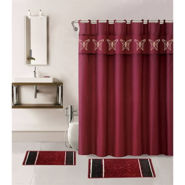 15 Piece Hotel Bathroom Sets 2 Non Slip Bath Mats Rugs Fabric Shower Curtain 12 Hooks Butterfly Burgundy Walmart Com Walmart Com