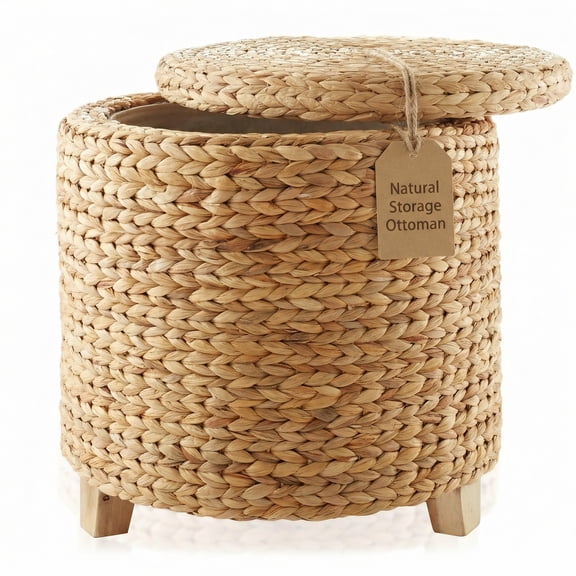 DEILSY Natural Water Hyacinth Round Storage Ottoman with Removable Lid, Fabric Liner & Wooden Feet – Handwoven Footstool Ottoman for Living Room, Bedroom & Entryway