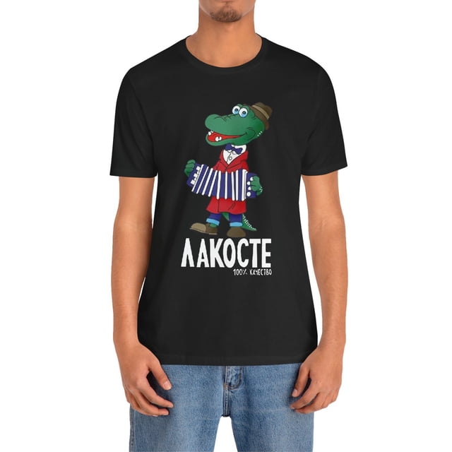Men's Cotton T-Shirt with Cartoon Crocodile Print, Casual Crew Neck, Short Sleeve, Slight Stretch, 100% Cotton, 220gsm, for Hiking & Outdoor, Spring/Summer/Fall - Black