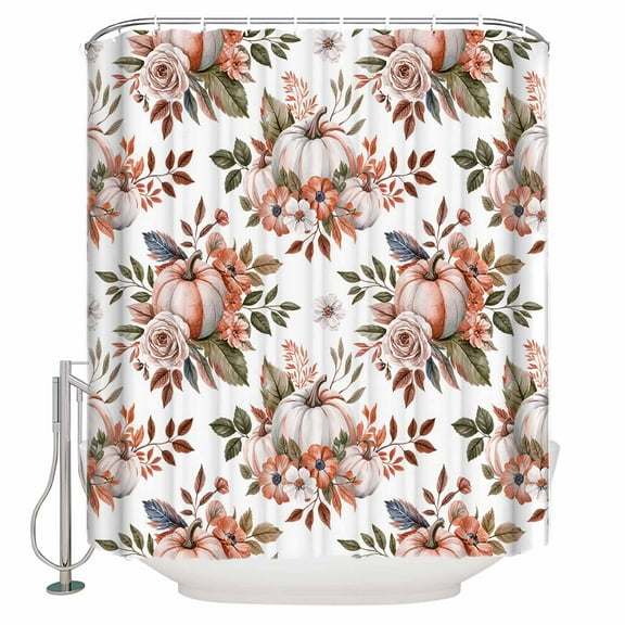 Extra Long Shower Curtain 72x84 Inch, Pink Pumpkin Roses Shower Curtain Waterproof Bathroom Decor Fall Rustic Botanical Floral Fabric Bath Curtain Set Accessories with Hooks