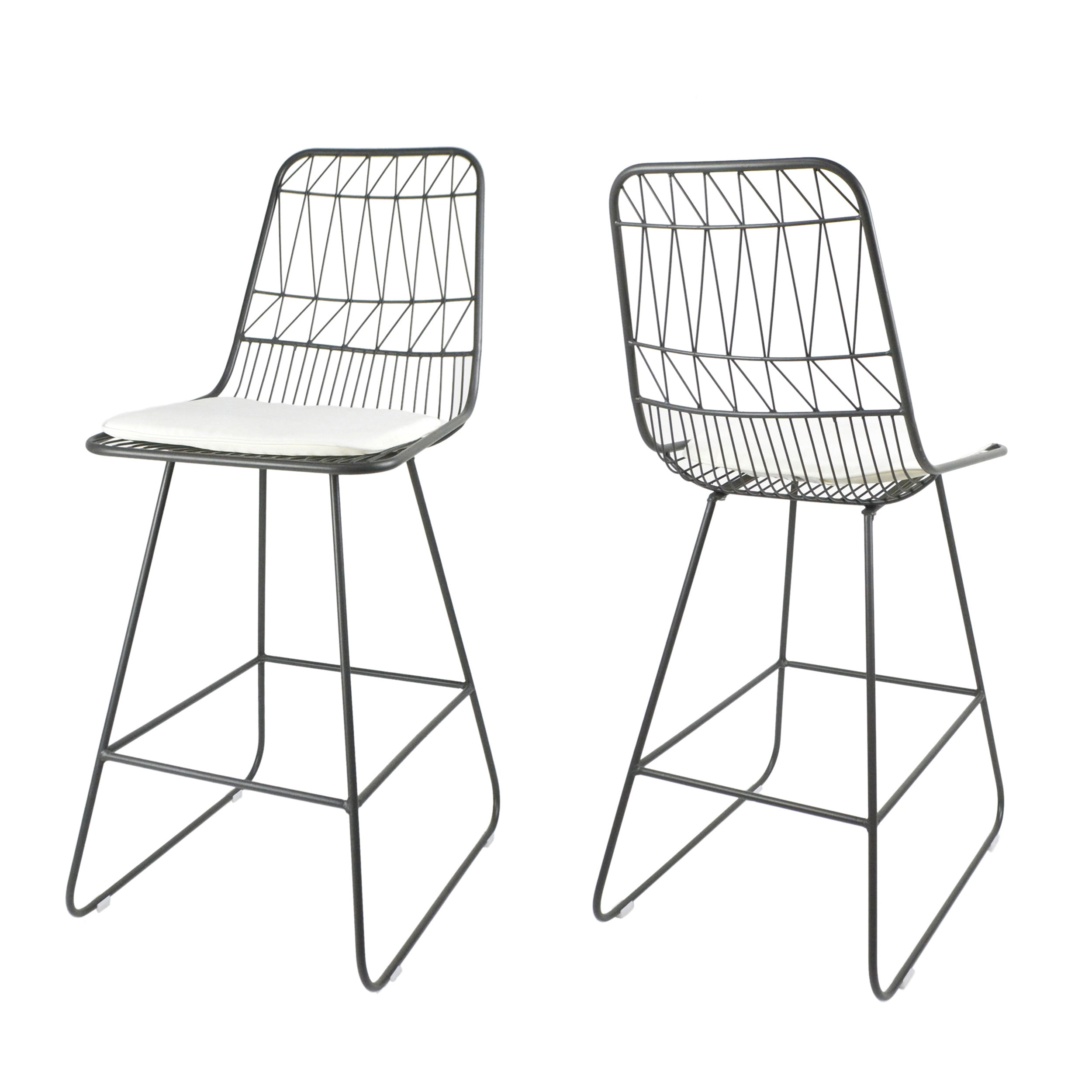Modern Counter Stools Set of 2 Geometric Wire Bar Stools with Water Resistant Cushions for Indoor Outdoor Patio Kitchen in Grey Ivory