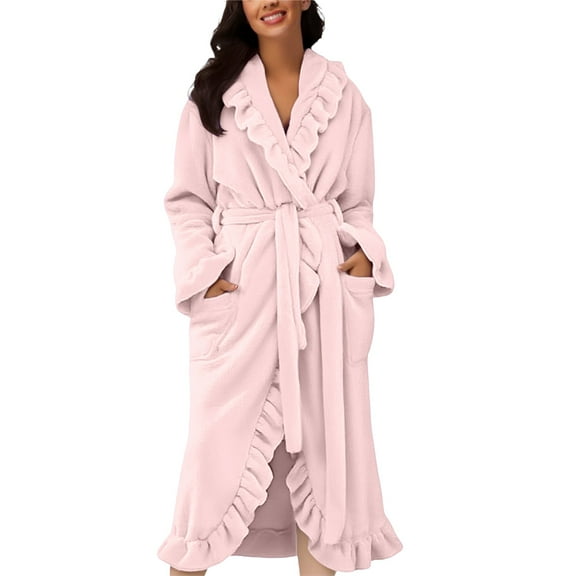 Lxkfashion Robe for Women Cute Ruffle Plush Soft Long Sleeve Robes Fluffy Warm Fleece Long Bathrobe with Pockets Pink