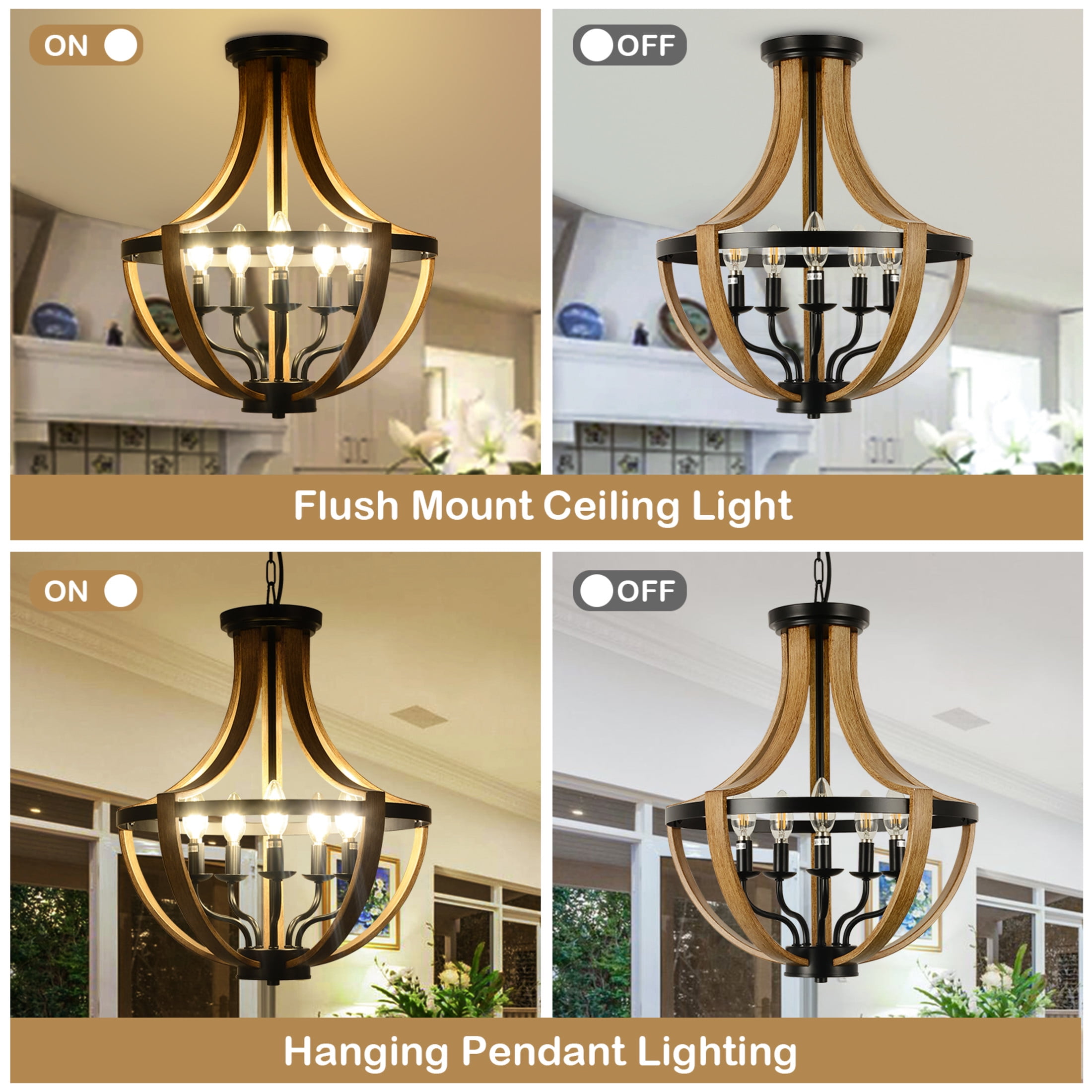Noble House 17.7" 5-Light Farmhouse Wood Geometric Chandelier, Rustic Dining Room and Foyer Pendant Light, Brown