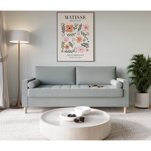 HMD Astoria Linen Square Arm 3-Seater Sofa with 2 Throw Pillow, Gray