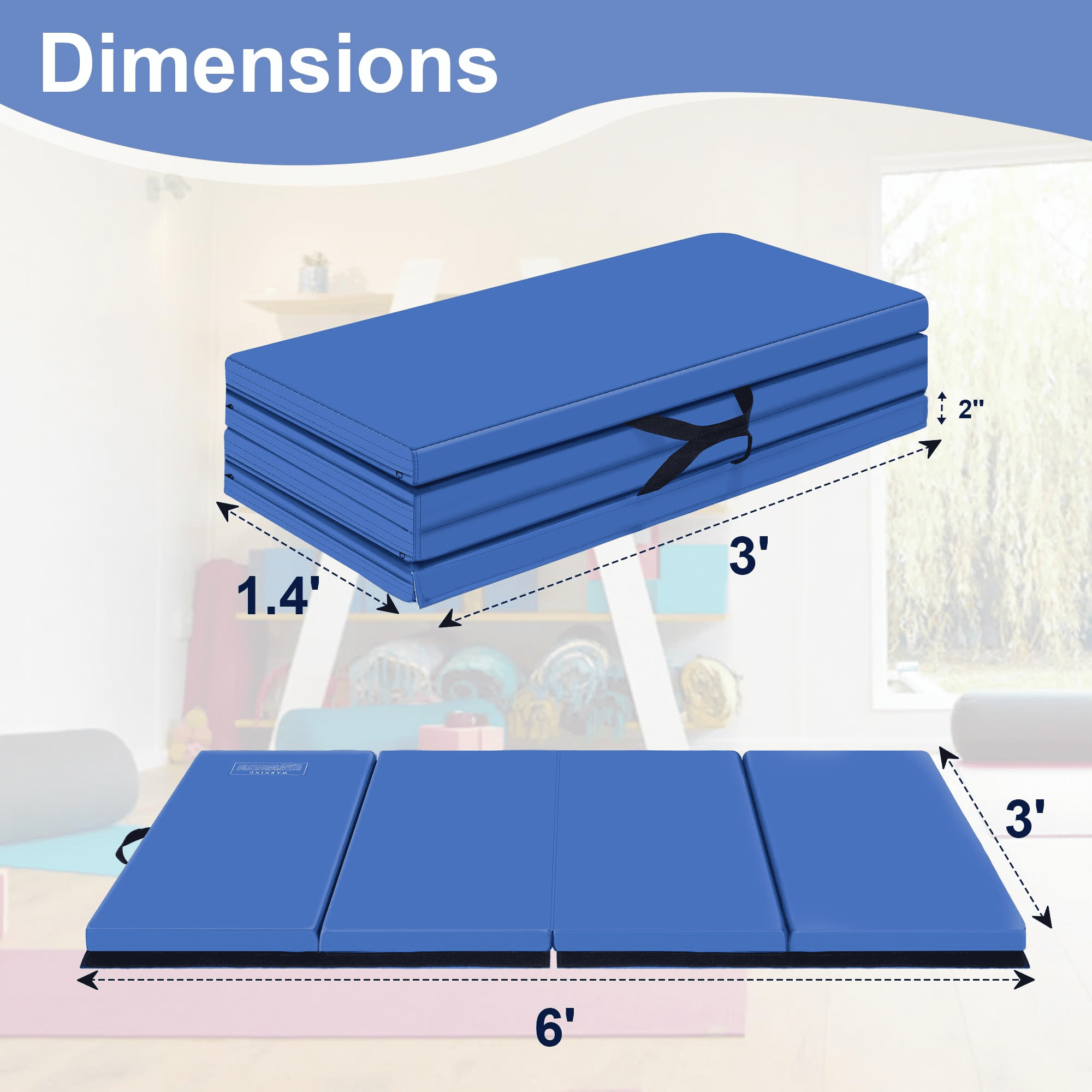 BETISEF 3'x6'x2'' Thick Folding Gymnastics Mat Aerobics Stretching Yoga Mats Blue