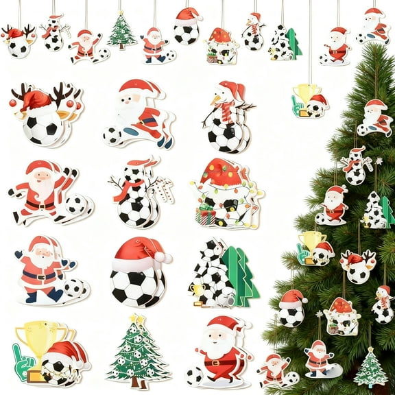 Wooden Christmas Football and Soccer Hanging Ornaments, 24 Pieces