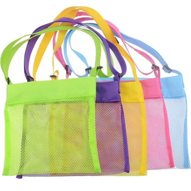 Bolsa de malla para juguetes de playa para aventureros, bolsa de recolección de conchas de material de malla de secado rápido esencial para viajes familiares y portátil, diseño de correa ajustable
