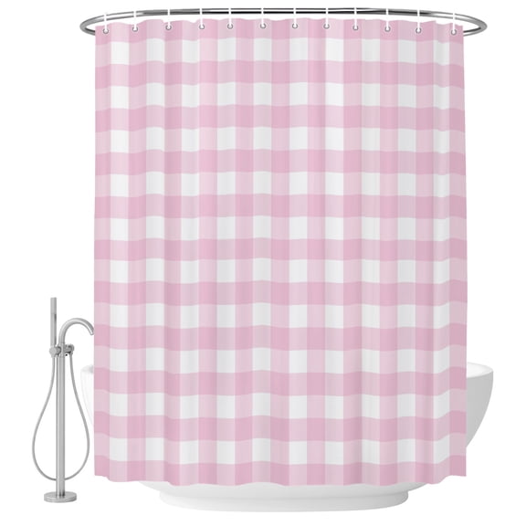 60x72 Inch Shower Curtains for Bathroom, Farmhouse Checked Fabric Bath Curtain Decor, Light Pink Buffalo Plaid Pastoral Waterproof Restroom Curtains Shower Set Accessories with 12 Hooks 60 Inch