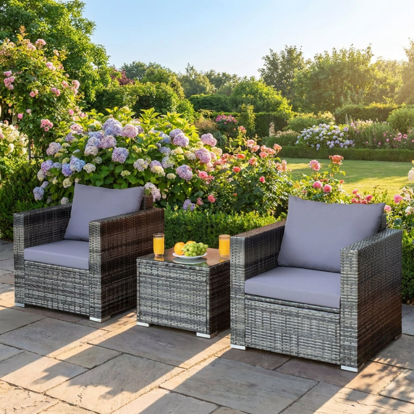 Biotree 3 Piece Patio Rattan Bistro Sofa Set outdoor conversation set with cushions and tempered glass coffee table for balcony garden and porch, Gray