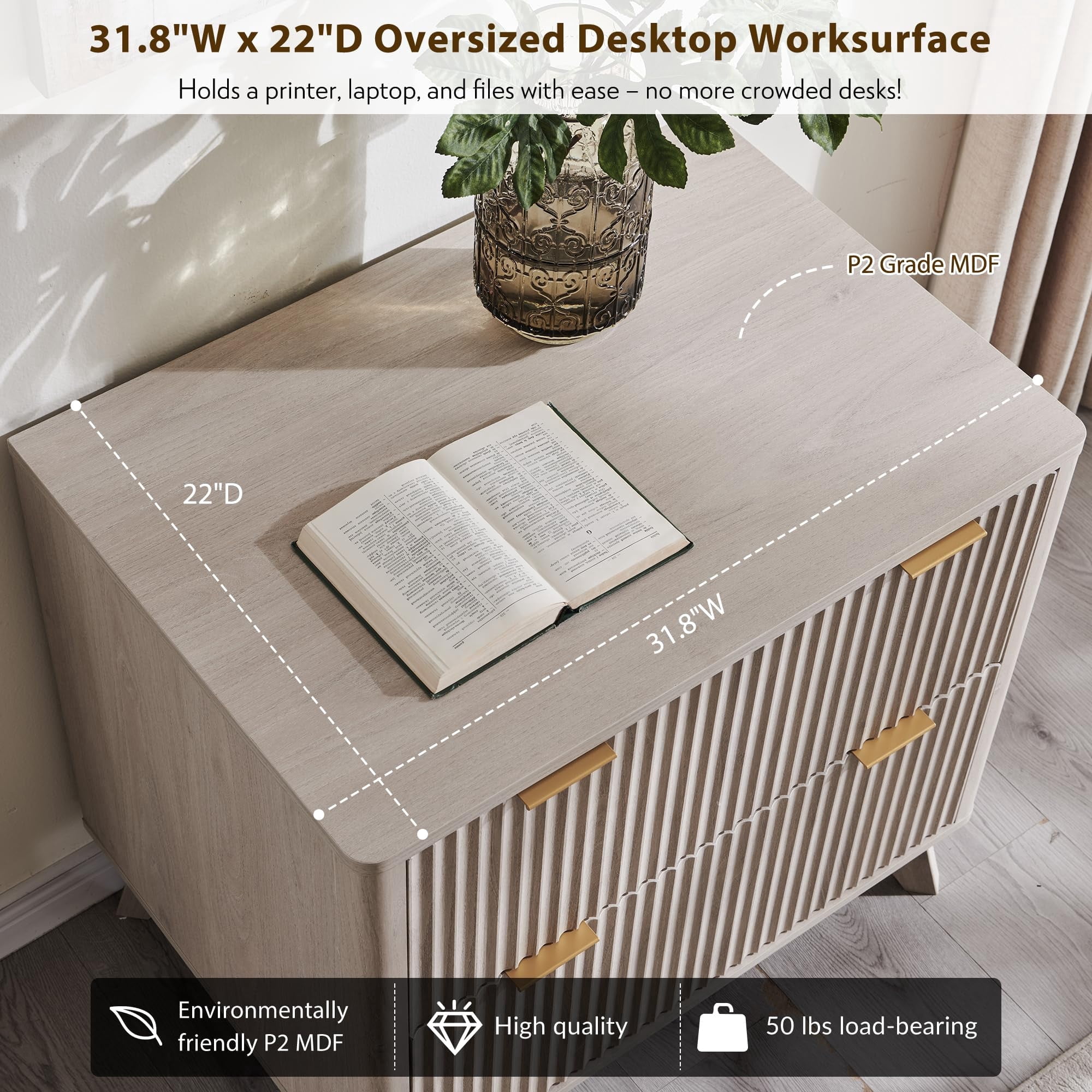 OKD 30" File Cabinet with 2 File Drawers, Modern Style Fluted Filing Cabinet for Home Office, Alder White