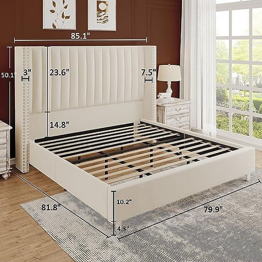 VanAcc King Bed Frame and Headboard Upholstered Wingback Bed with Vertical Channel Tufted Velvet/No Box Spring Needed/Easy Assembly/Cream