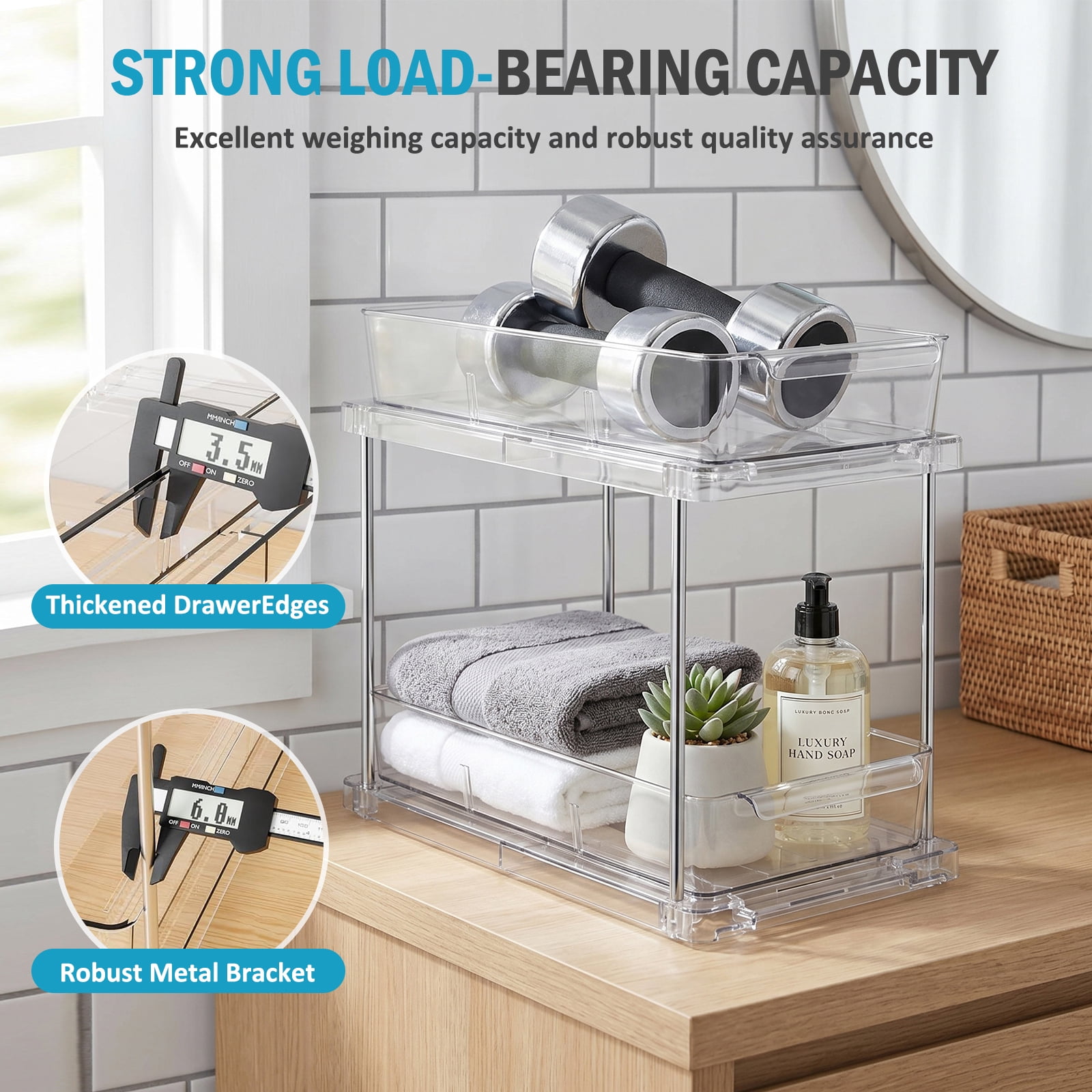 Bathroom Organizer, 4 Pack 2-Tier Clear Storage Container with Sliding Track, Under Sink & Countertop Organizer for Cabinet Drawers, Kitchen Pantry Organization