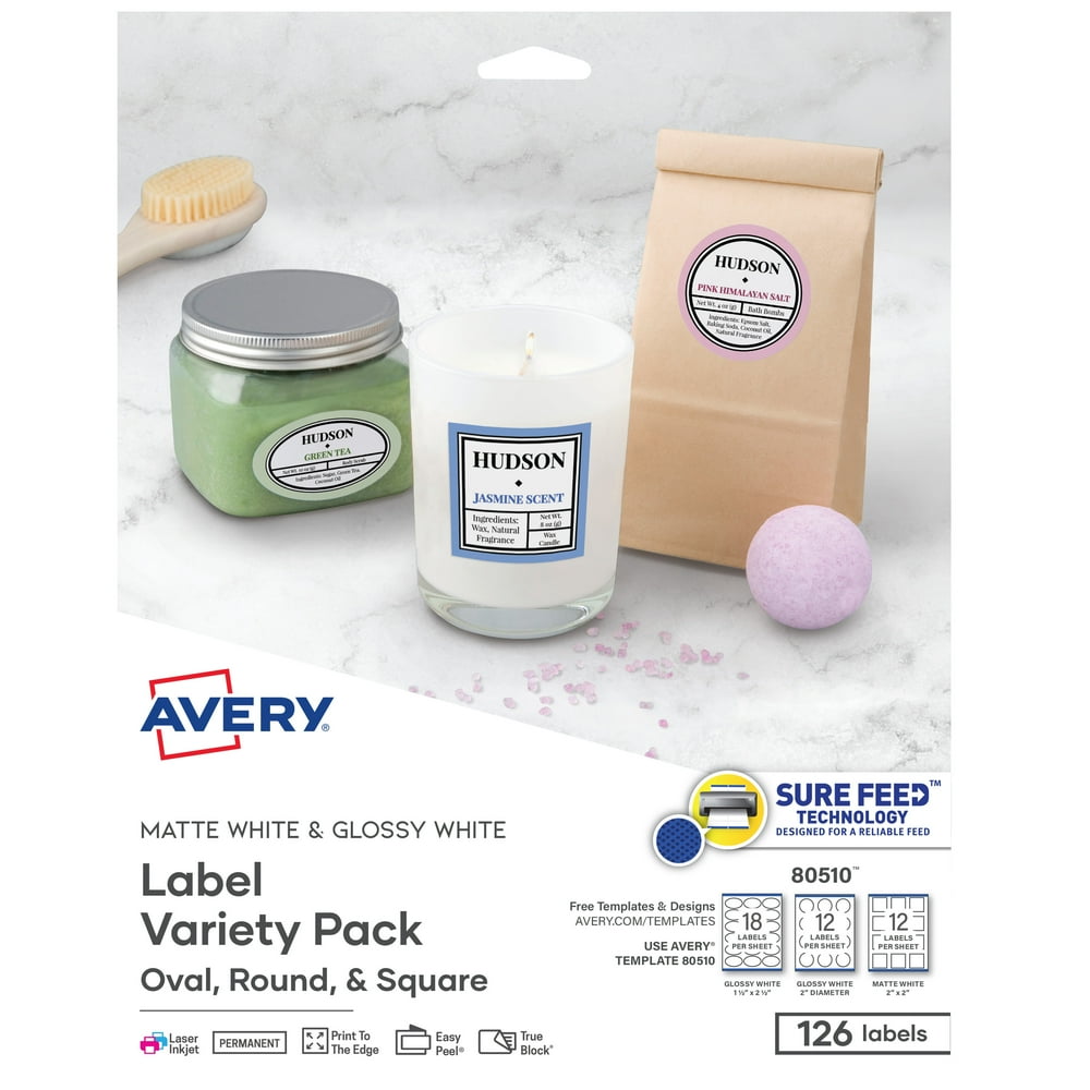 Avery Labels Variety Pack, Sure Feed Technology, Laser/Inkjet, Assorted