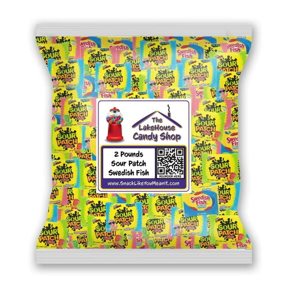 Bulk Gummy Candy Assortment - 2 Lbs Sour Patch Kids Original, Tropical and Watermelon, and Swedish Fish Minis - Sweet and Sour Soft Candy Party Mix Snack Assortment - Individually Wrapped (32-Oz)