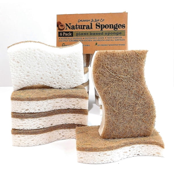 Natural Sponges for Kitchen Dishes - 6 Pack Biodegradable Dish Cleaning Sponges, Eco-Friendly, Soft and Durable