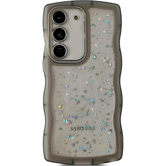 for Galaxy S21 FE Case 6.4", Curly Wavy Anti-Slip Grip Design Transparent Bling Glitter Star Shiny Case Cute Clear Sparkly Bumper Protection Soft Phone Cover Case for Women Girls, Black