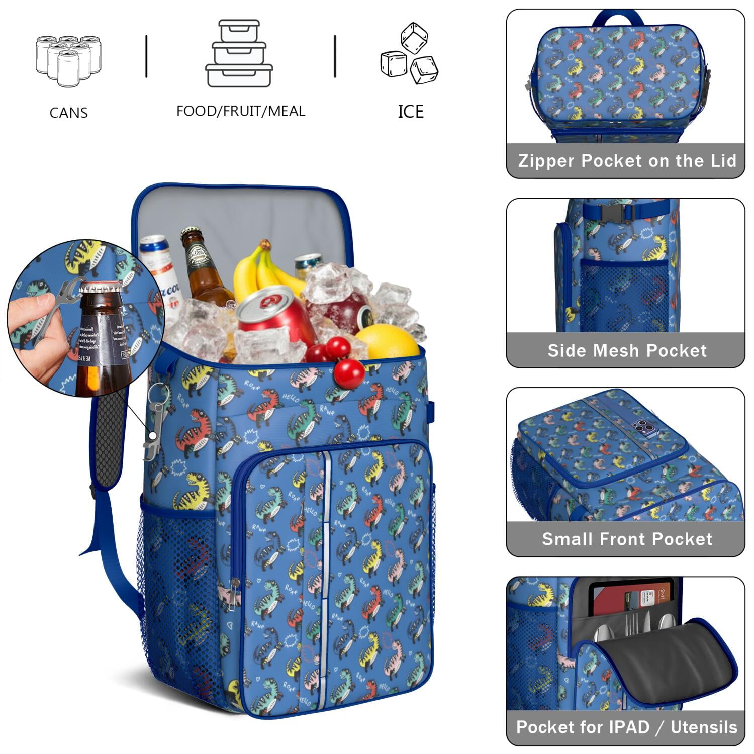 Travel Cooler Bag - Blue Cartoon Dinosaurs Text Pattern Camping Beer Cooler Backpack with Bottle Opener- Waterproof Insulated Picnic Backpacks - Cooler Bag for Beach