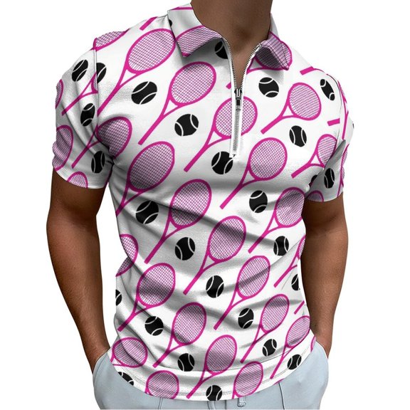 Vivid Pink Tennis Rackets Pattern Men Zipper T-shirt Summer Casual Short Sleeve T-shirt Top