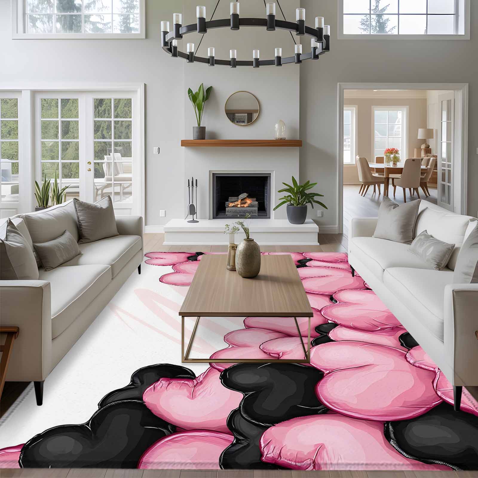 Rectangle Area Rugs 6 x 9 Ft, Valentine's Day Non-Slip Residential Carpet, Romantic Love Heart Ballons Pink and Black Indoor Crawling Mats Runner Rugs for Living Room/Dining Room/Bedroom