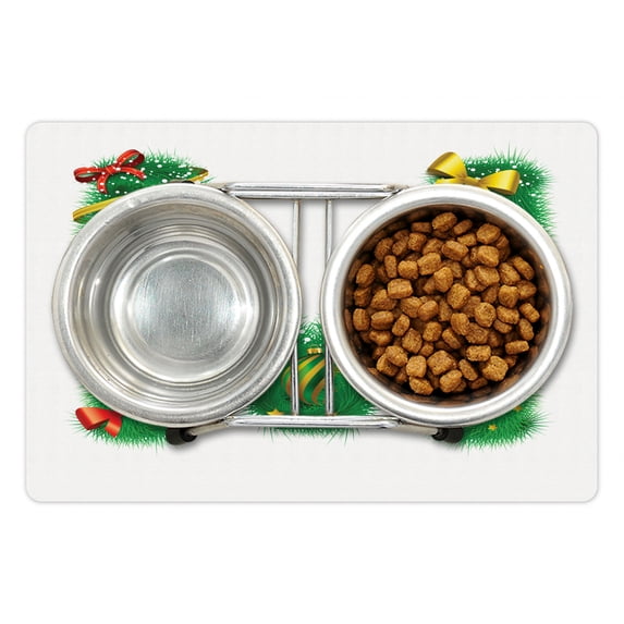 Christmas Alphabet Pet Mat for Food and Water, M Letter Ribbons Noel Occasion Print on Plain Backdrop, Non-Slip Rubber Mat for Dogs and Cats, 18" X 12", by Ambesonne