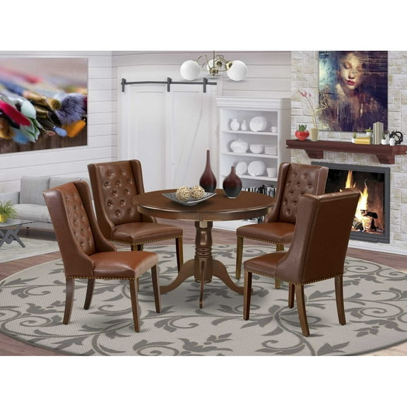 East West Furniture HLFO5-MAH-46 5-Piece Dinette Room Set Includes 1 Modern Round Dining Table and 4 Brown Linen Fabric Mid Century Dining Chairs with Button Tufted Back - Mahogany Finish