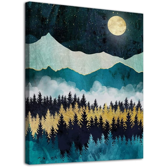 Mountain Forest Wall Art Moon Night Nature Canvas Artwork Modern Nordic Landscape Canvas Pictures for Bathroom Bedroom Living Room Kitchen Office Home Decoration Framed Ready to Hang 12" x 16"