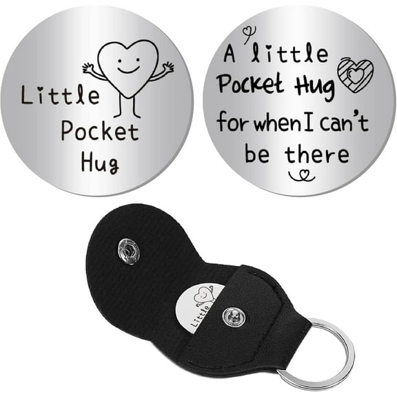 1set Little Pocket Hug Stainless Steel Pocket Hug Double-Sided Souvenir with PU Leather Keychain