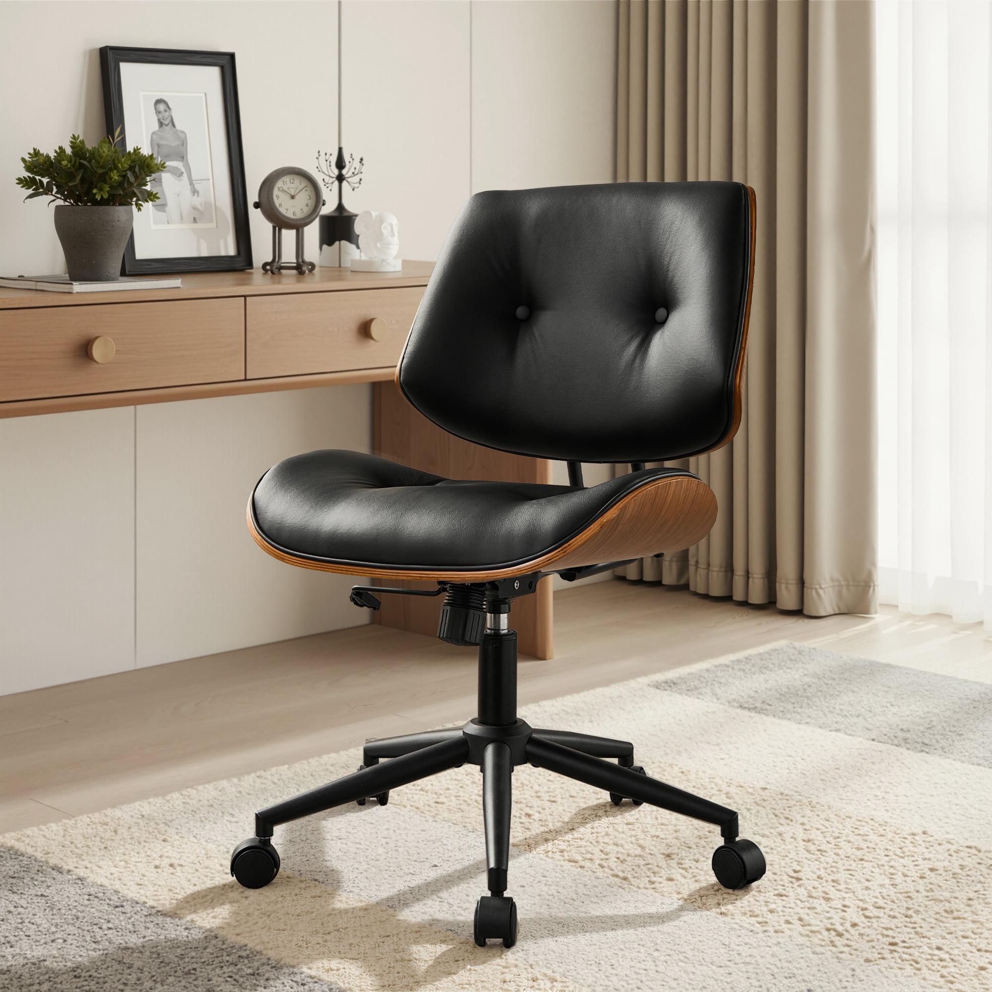 XIZZI Home Office Chair, Armless Mid-Century Ergonomic Desk Chair with 3" Thick Cushion, Premium PU Leather Mid Back 360 Swivel Computer Chair with Walnut Design, Button-Tufted Black