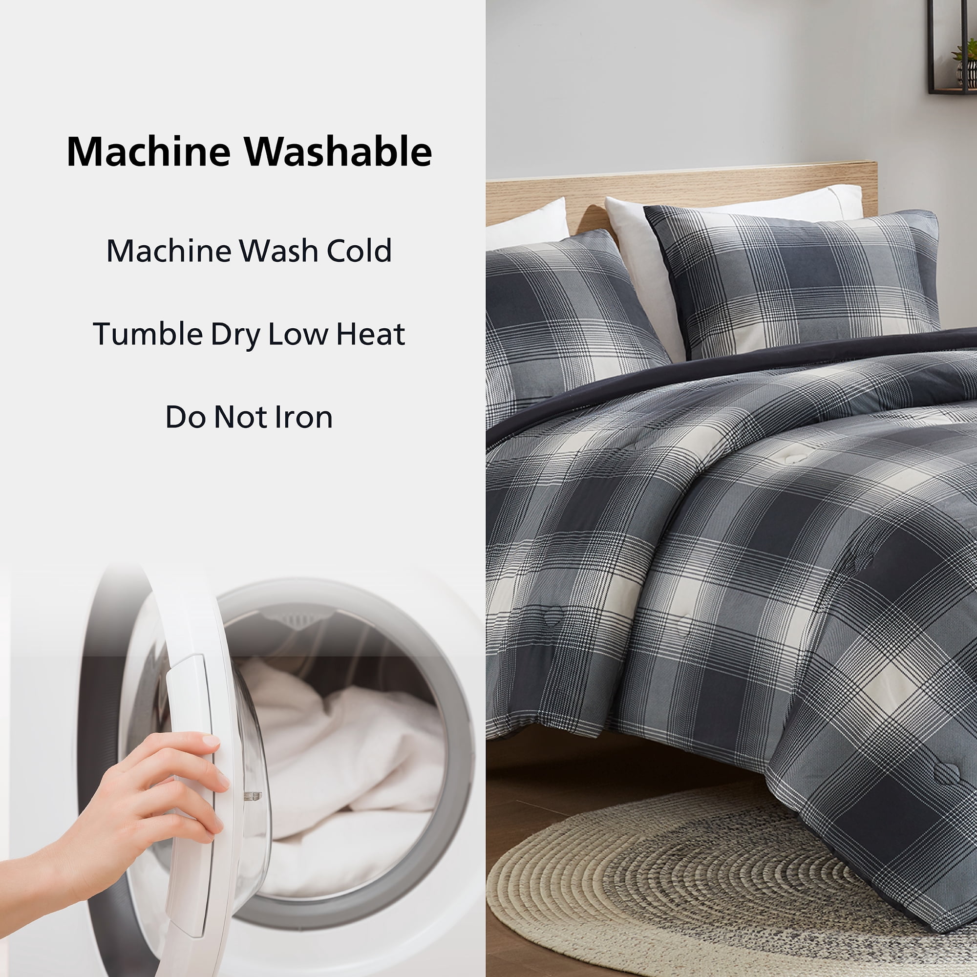 Mainstays Shadow Plaid 3-Piece Grey Comforter Set, King
