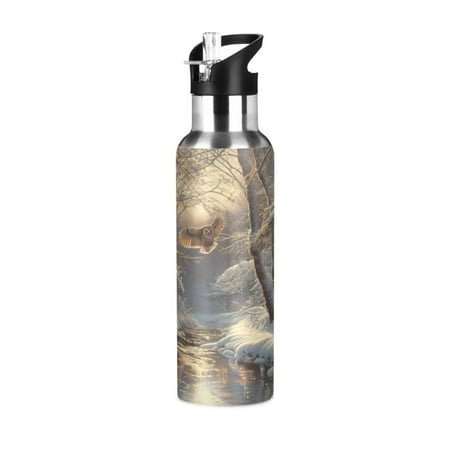 

Water Bottles 20oz Straw Lid Wide Mouth Stainless Steel for School Sport Travel Owl Fly in Winter Forest