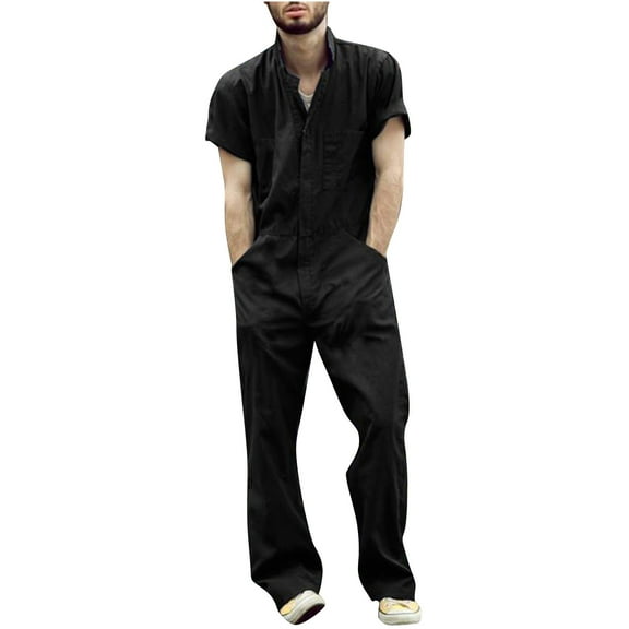 Wyobmus Men's Zipper Jumpsuits Loose Fit Short Sleeve Work Overalls Solid Color Lightweight Breathable Lapel Collar Jumpsuits With Pockets Black