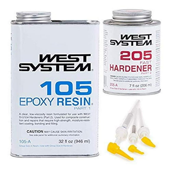 WEST SYSTEM 105A Epoxy Resin (32 fl oz) Bundle with 205A Fast Epoxy Hardener (7 fl oz) and 300 Mini Pumps Epoxy Metering 3-Pack Pump Set (3 Items)