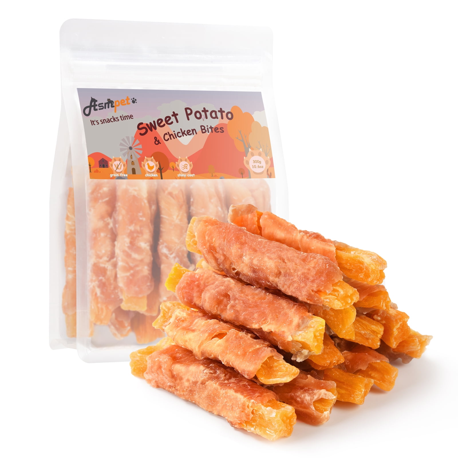 ASMPET Sweet Potato Dog Treats, Natural Chicken Jerky & Sweet Potato Chews for All Dogs, 15pcs