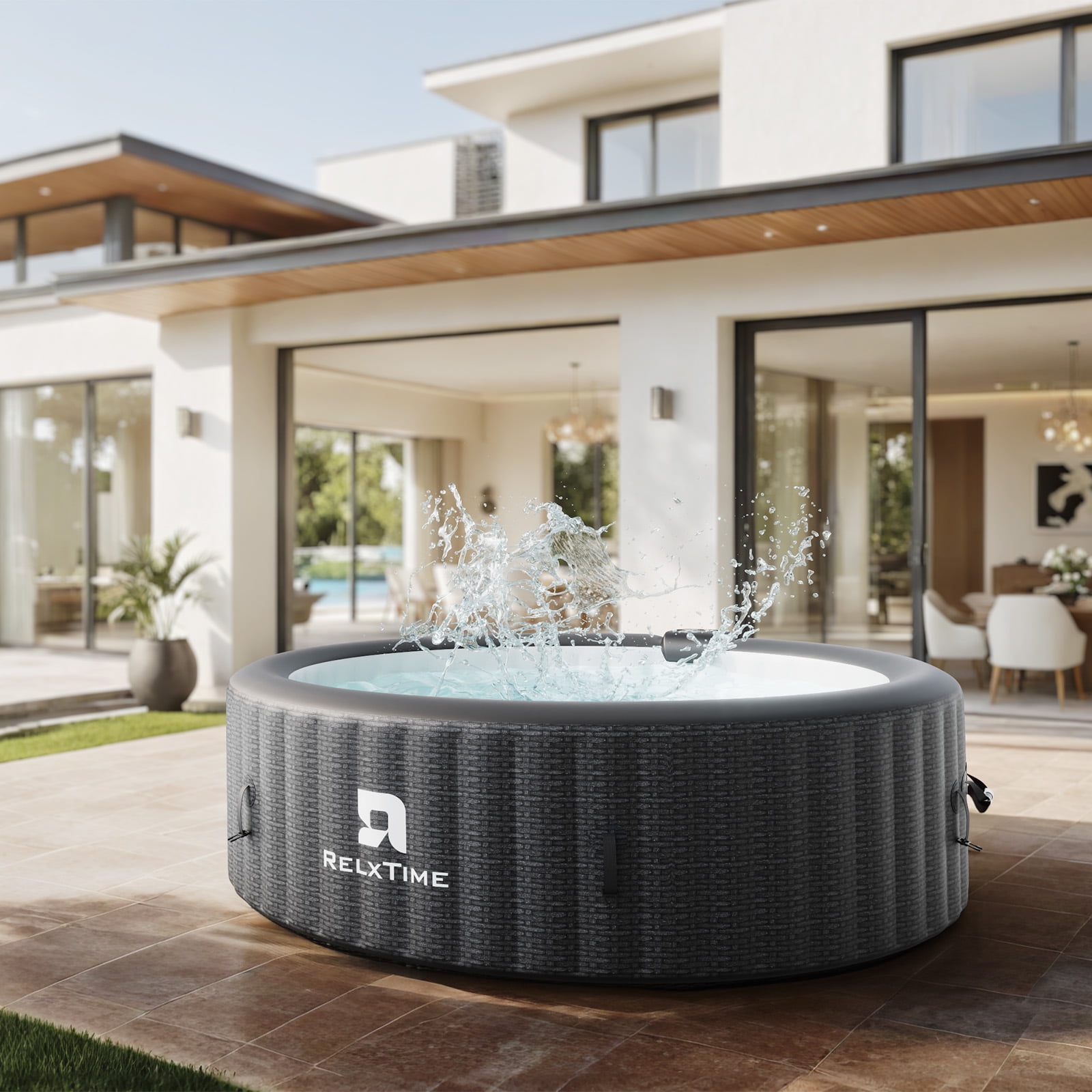 RELXTIME Inflatable Hot Tub 4 to 6 Person, Portable Outdoor Spa, Round Blow Up Hottub with 130 Bubble Air Jets and Built-in Heater Pump, Tub Cover, 2 Fiter Cartridges