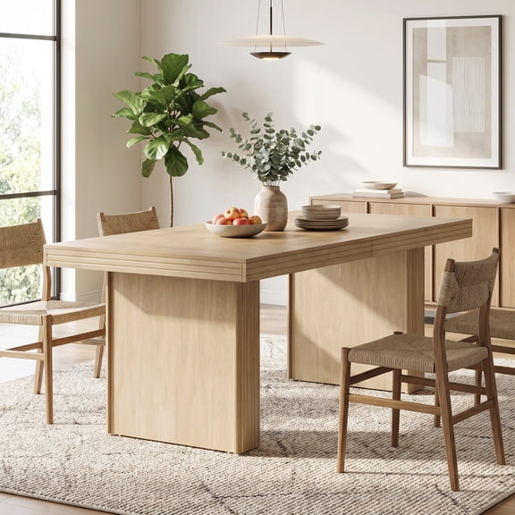 Fnova 63'' Farmhouse Dining Table for 6 People, Fluted Line Extendable Dinner Table, for Dining Room, Living Room & Kitchen