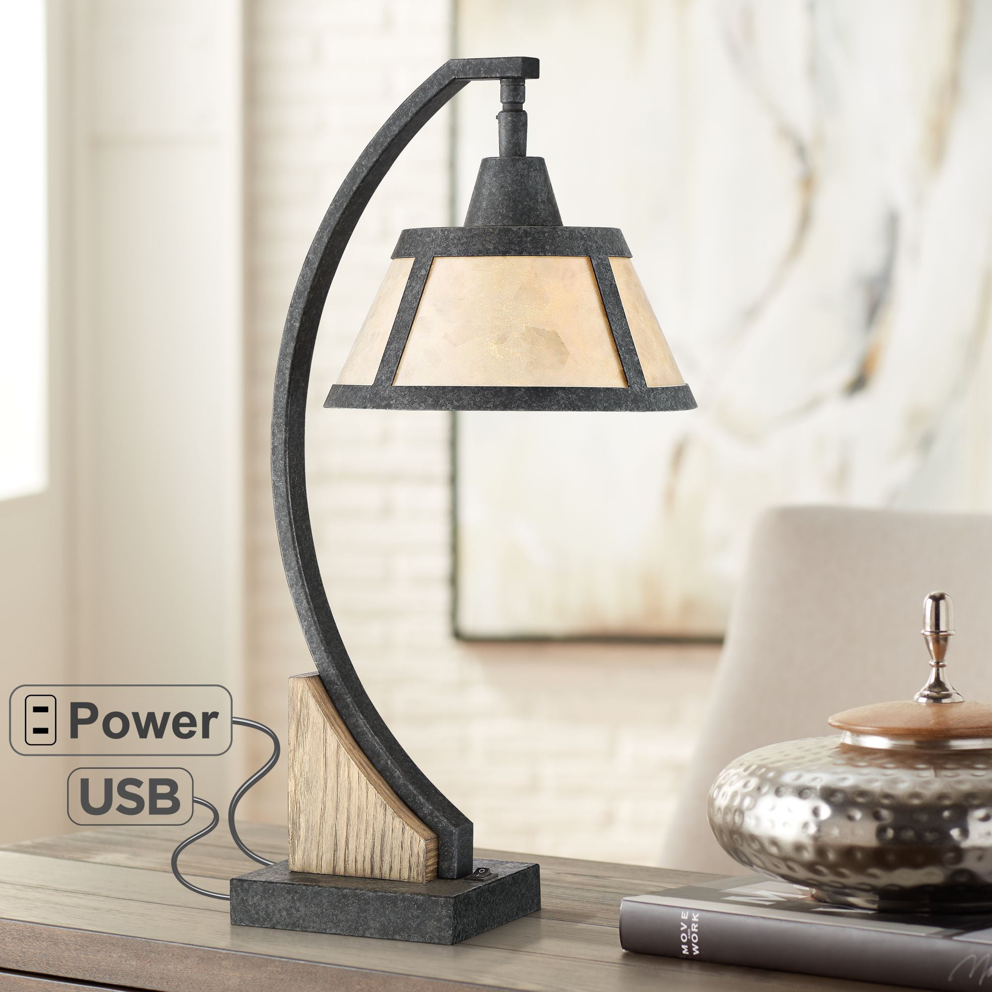 Base Gray Wash Mica Shade, Wrought Iron Bedside Table Lamps With Usb Ports