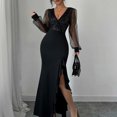 thumbnail image 3 of Quixlent Sexy Bodycon Maxi Dress for Women V Neck Long Sleeve Mesh Sequin Dress Ruffle Side Split Wedding Guest Cocktail Party Dress, 3 of 6