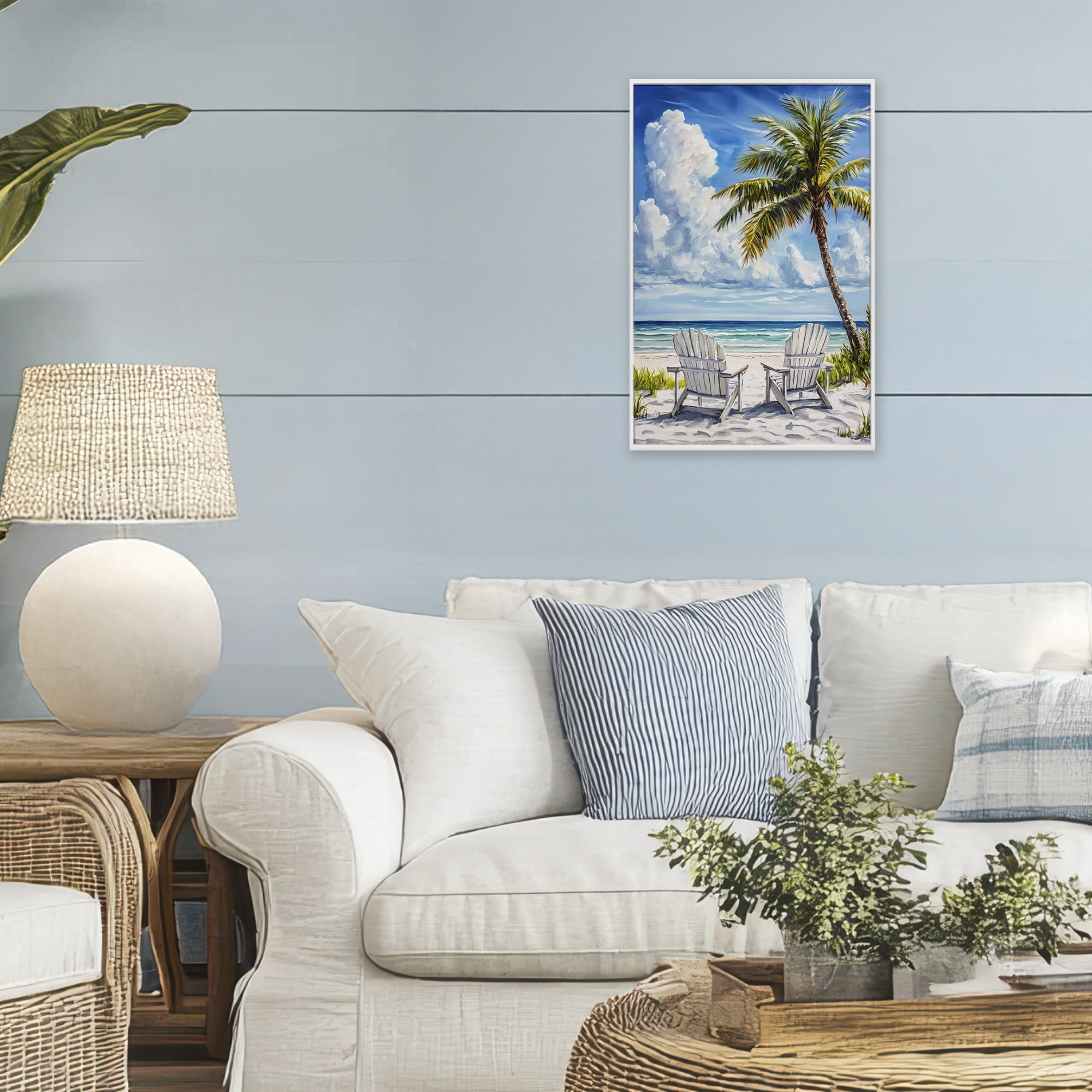 Stupell Industries Clouded Beach with Looming Palm White Framed Giclee Art, design by Petal Prints Design