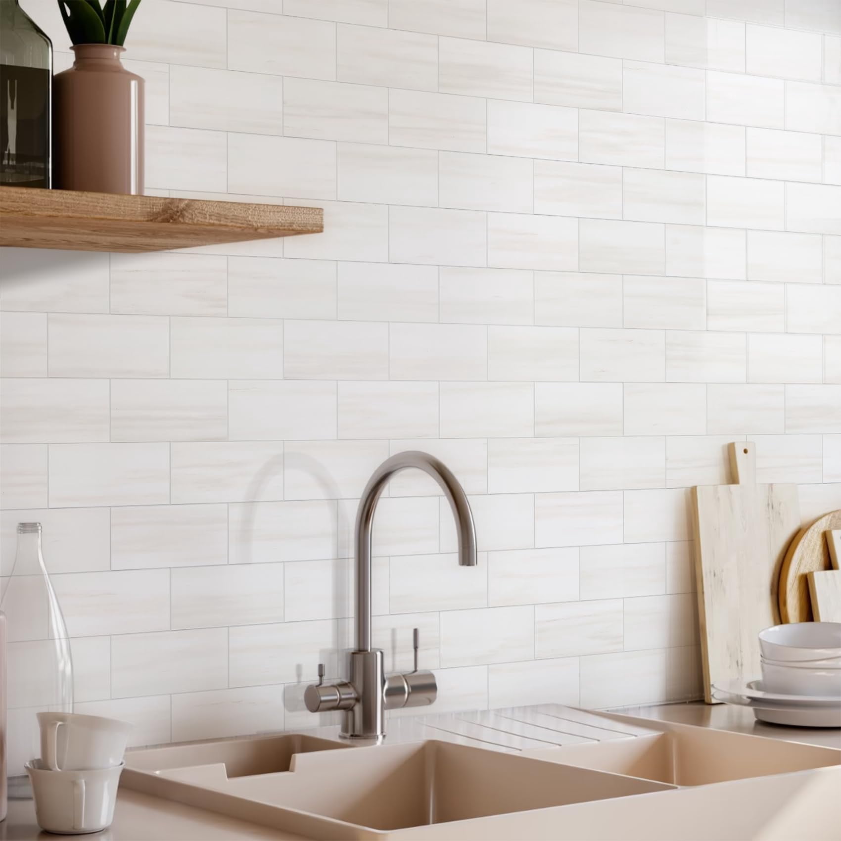 100-piece Glossy Dolomite White Peel And Stick Backsplash 3''x6'' Pvc Subway With Grout  On For Kitchen/bathroom/fireplace