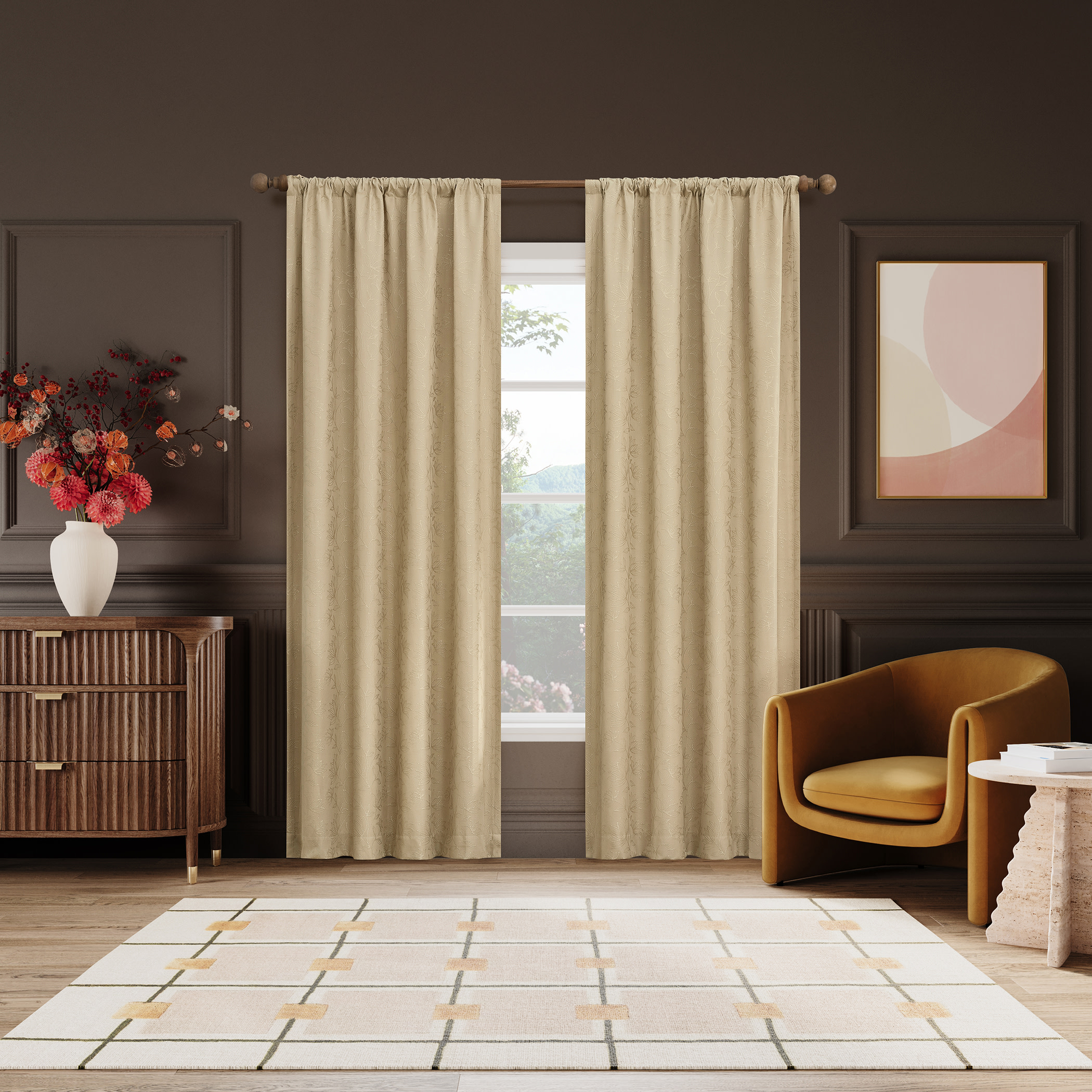 Sun Zero Bronte Floral Jacquard 100% Blackout Rod Pocket Curtain Panel, 50"W X 63"L, Taupe