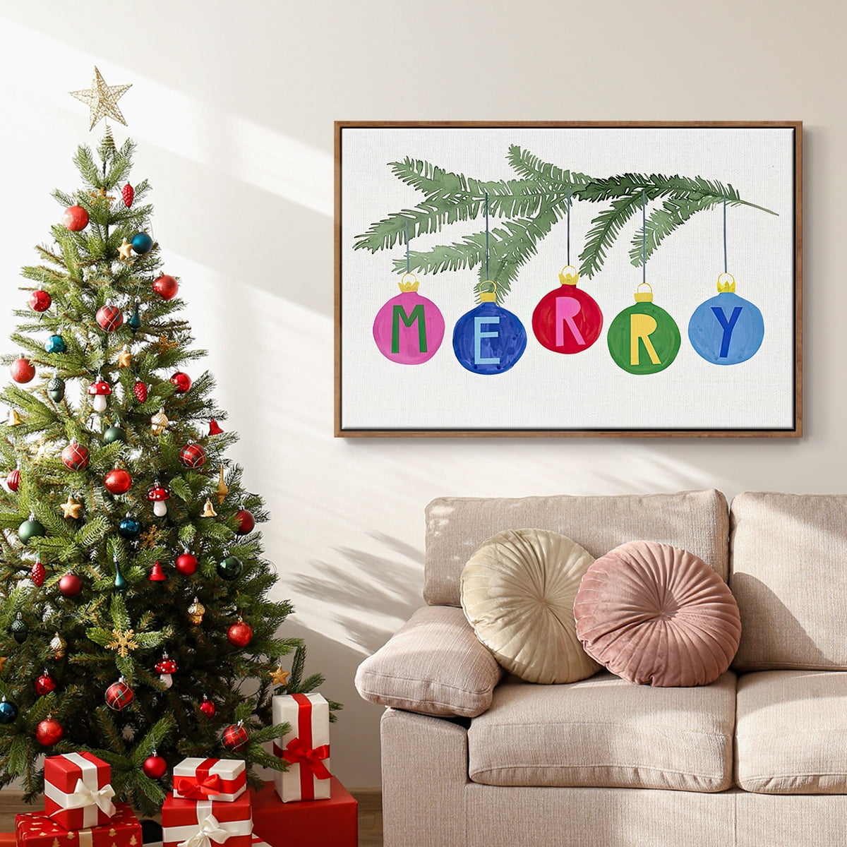 Colorful Christmas Collection A - Framed Gallery Wrapped Holiday Canvas - 25 x 37 - Rosewood Frame