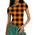 thumbnail image 4 of Women’s Plaid T-Shirt, Summer Round Neck Short Sleeve Tops, Fashion Slim Groove Strip Tees,Orange,XXL, 4 of 6
