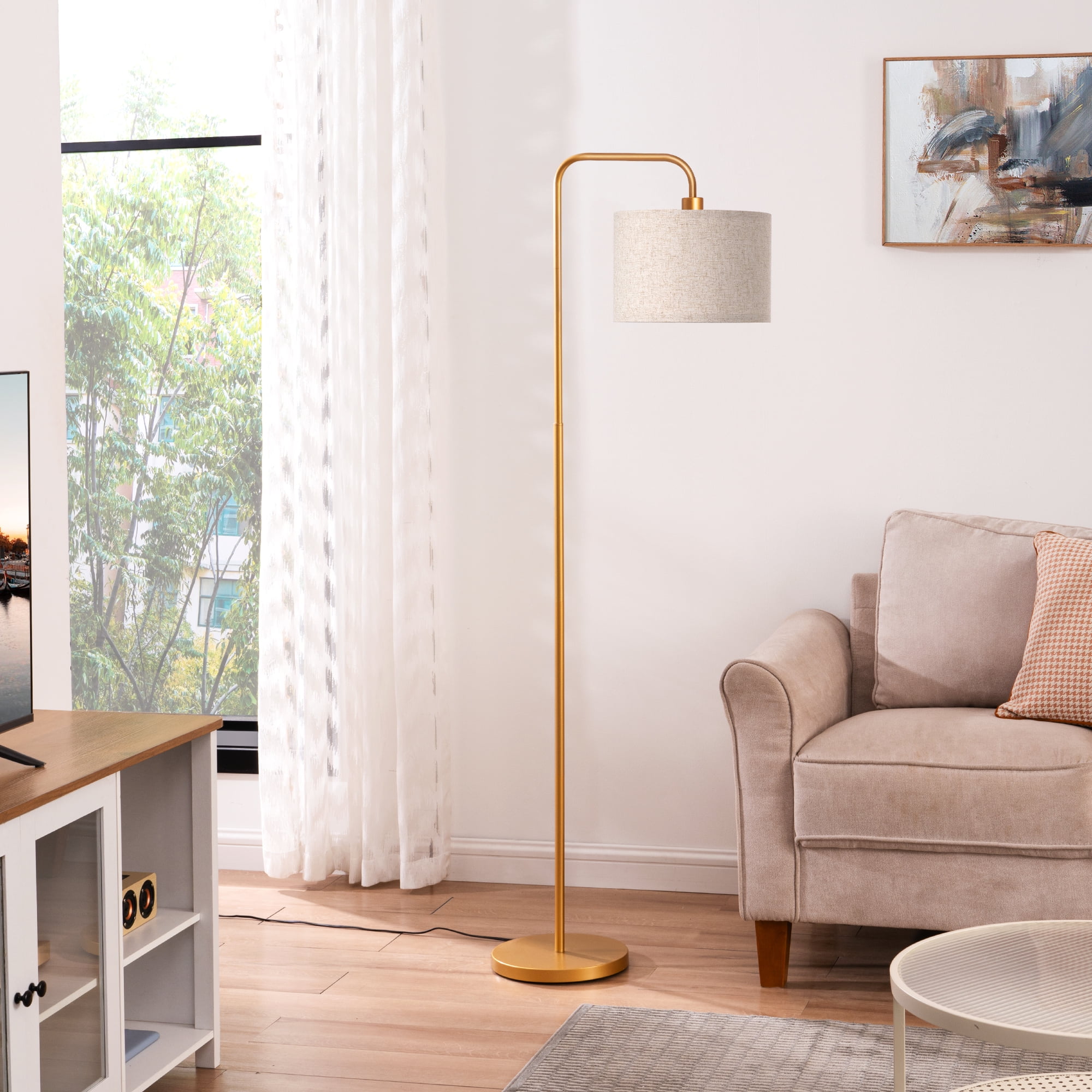 EDISHINE Modern Arc Gold Floor Lamps for Living Room with Remote, 5CCT, Dimmable, Metal Pole Lamps with Shade for Bedroom, Office, Read Lighting, LED Bulb Included