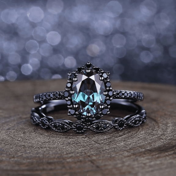 Oval Cut Alexandrite Engagement Ring Set in 14K Black Gold Vermeil- Gothic Wedding Ring Bridal Set Unique Promise Rings