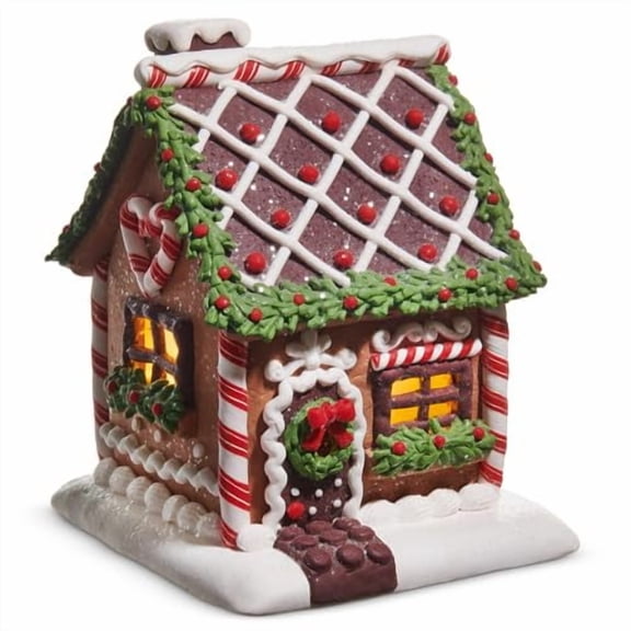 RAZ Imports Lighted Chocolate Frosted Gingerbread House, 7-Inch, Clay Dough