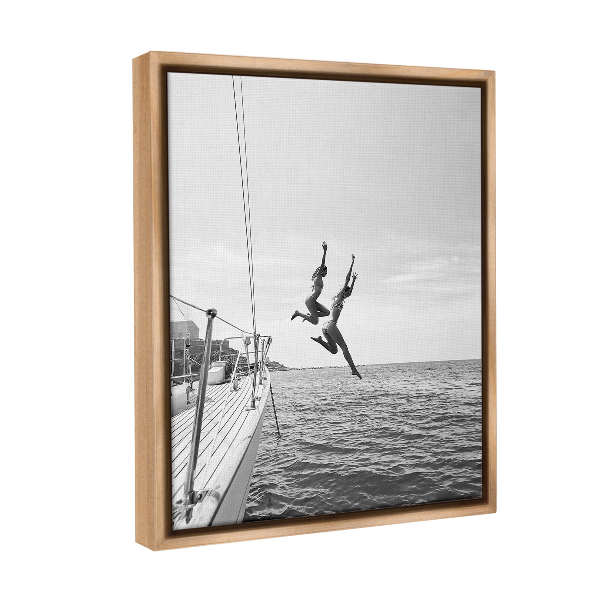 Stupell Industries People Diving from Boat Transportation Photography Brown Floater Framed Canvas Art Print Wall Art, 25 x 31